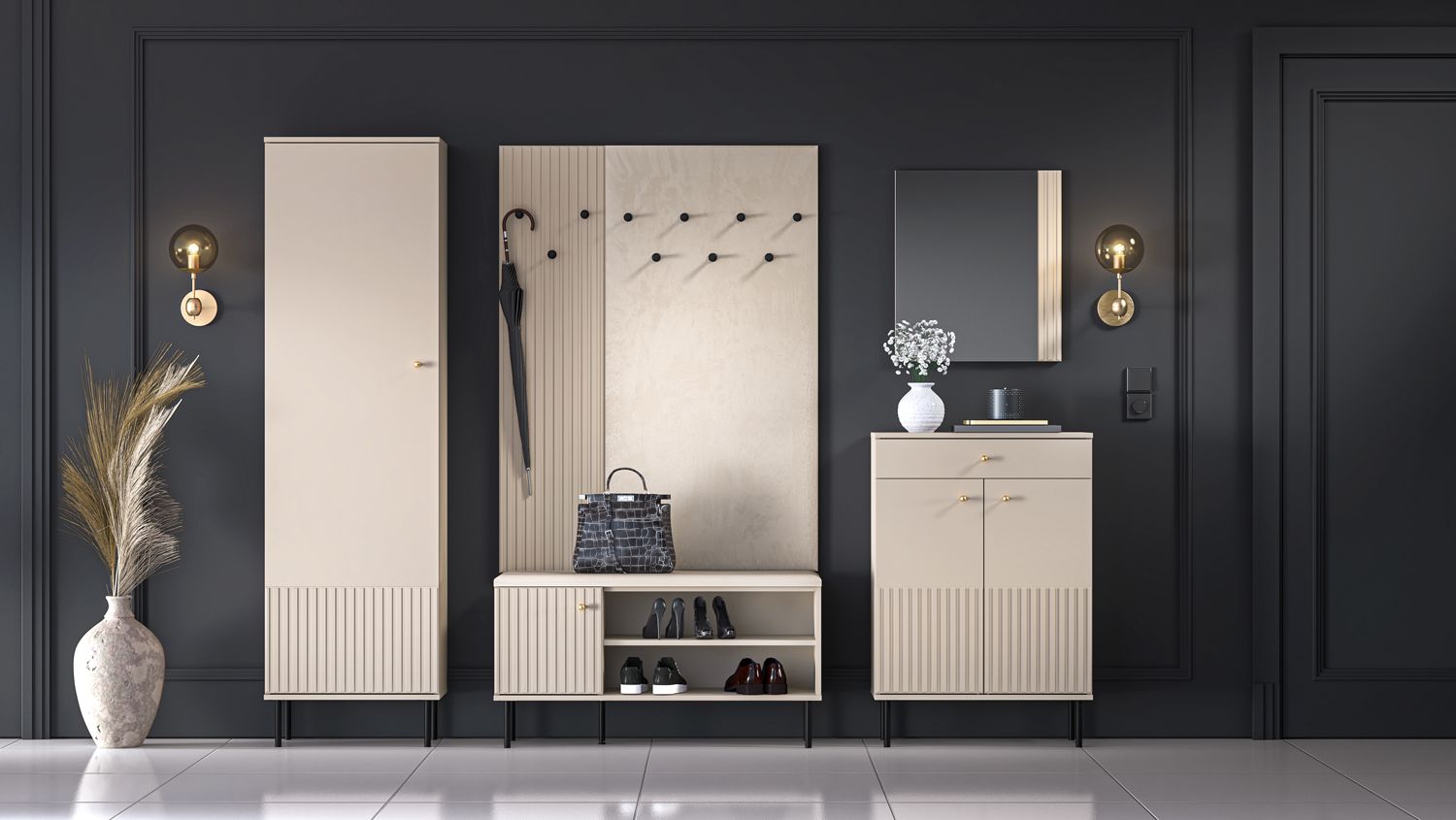 Garderobe Komplett - Set E Petkula, 6-teilig, mit modernen Lamellen Design, Farbe: Beige hell, Soft-Close Funktion, ABS-Kantenschutz