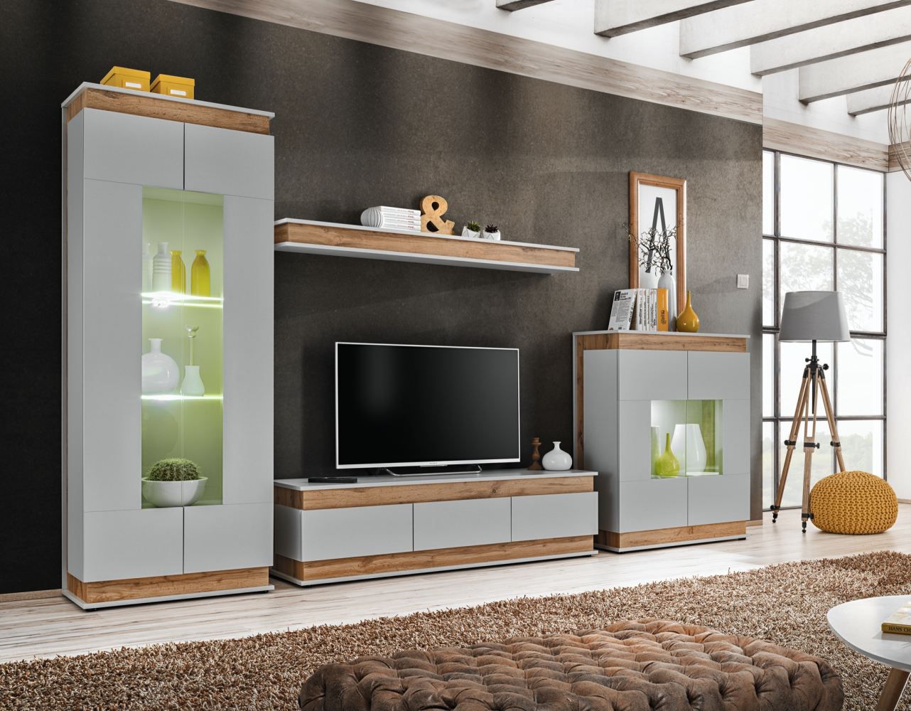 Moderne Wohnwand Asheim 20, Farbe Grau / Eiche Artisan   Abmessungen 20  x 20 x 20 cm H x B x T, mit genügend Stauraum