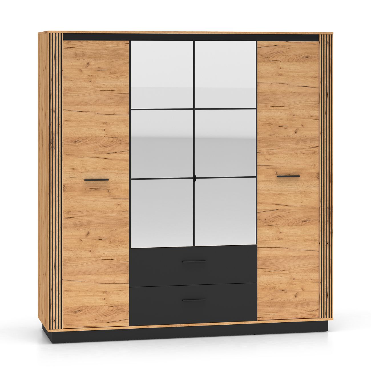 Großer Kleiderschrank mit zwei Schubladen Dagali 01, Farbe: Eiche / Schwarz, 2 Spiegeltüren, Soft-Close-System, ABS-Kantenschutz, modern und elegant