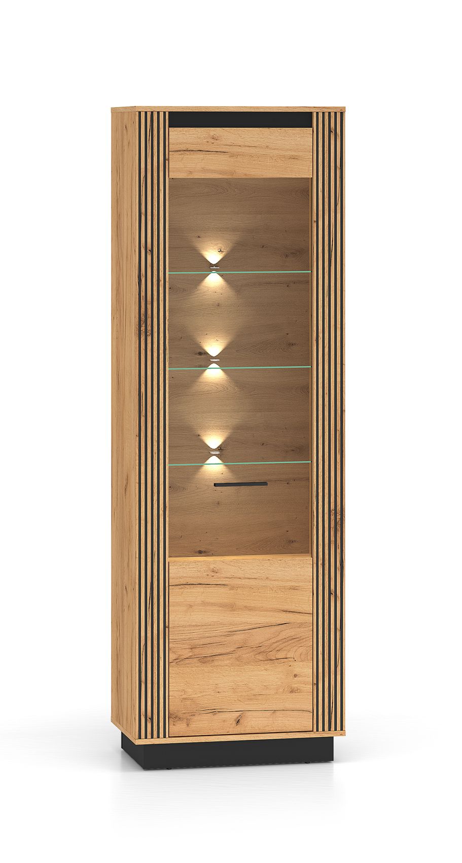 Vitrine mit schmalen Griff Dagali 04, Farbe: Eiche / Schwarz, Soft-Close-System, 6 Fächer, ABS-Kantenschutz, 3 Glaseinlegeböden, Maße: 200 x 65 x 40 cm