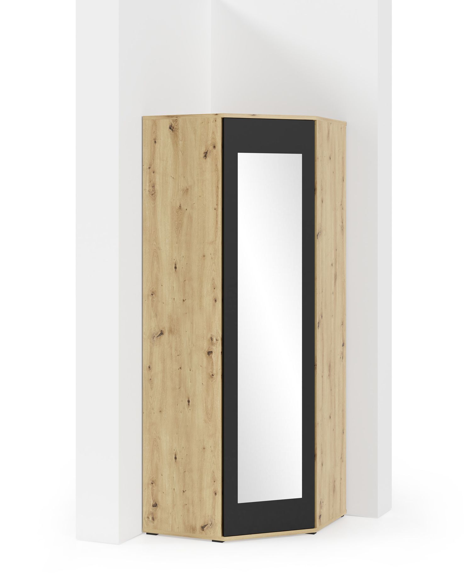 Eckkleiderschrank für Garderobe Zapopan 49, Push-to-open Funktion, fünf Fächer, Farbe: Eiche Artisan / Schwarz, Maße: 185 x 70 x 70 cm, zwei Kleiderstangen