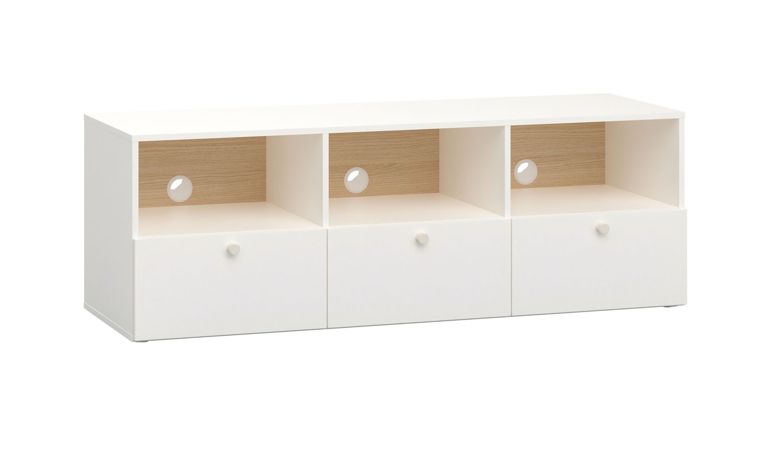 TV-Möbel / TV-Schrank mit drei Schubladen Aenna 97, Farbe: Weiß / Eiche, Griffe: Weiß, drei Kabellöcher, drei Fächer, Maße: 51,5 x 151 x 46,5 cm