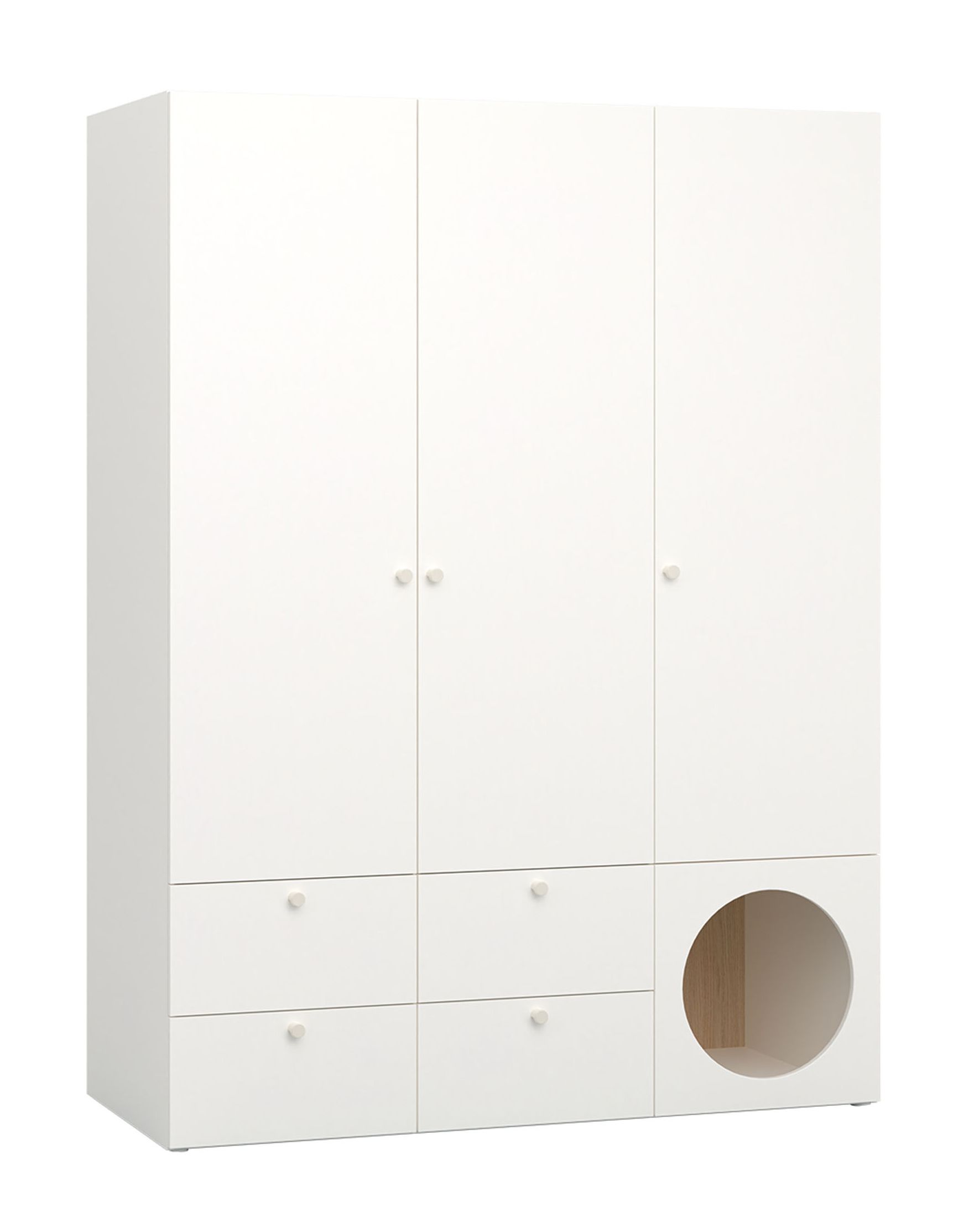 Drehtürenschrank / Kleiderschrank Aenna 07, drei Türen, vier Schubladen, Farbe: Weiß / Eiche, Maße: 202,5 x 151 x 60 cm, Griffe: Weiß, zwei Kleiderstangen