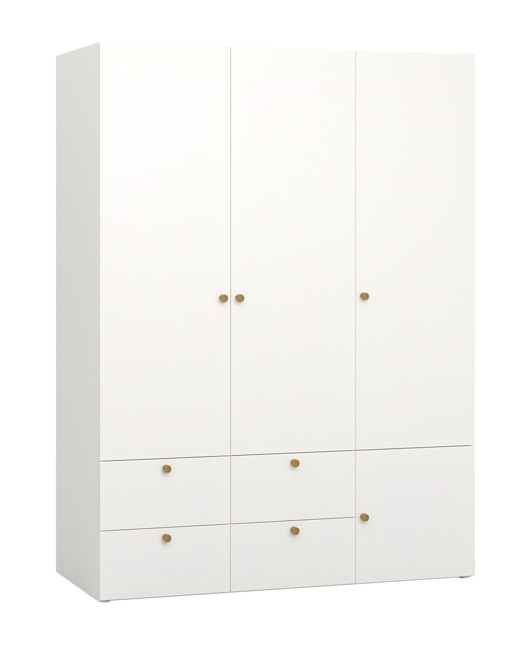 Kleiderschrank mit drei Türen Aenna 17, Farbe: Weiß / Indigo, Maße: 202,5 x 151 x 60 cm, vier Schubladen, zwei Kleiderstangen, sechs Fächer, inkl. LED-Beleuchtung