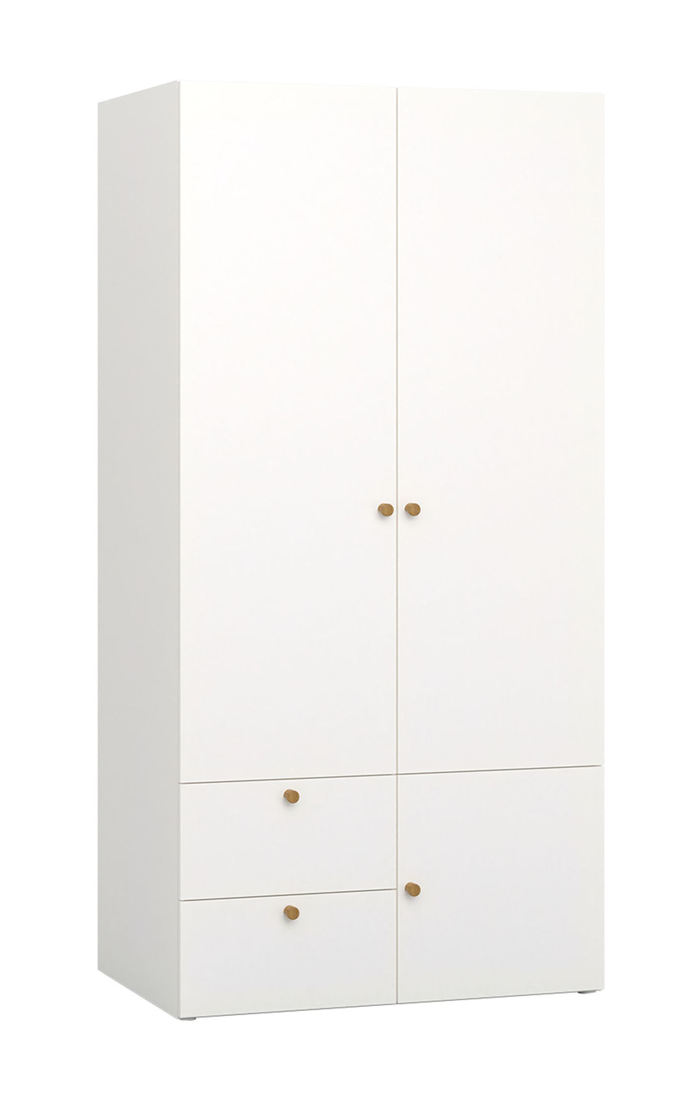 Drehtürenschrank mit zwei Türen Aenna 28, eine Kleiderstange, zwei Schubladen, Farbe: Weiß / Eiche, Maße: 202,5 x 100,5 x 60 cm, Griffe: Eiche, sechs Fächer