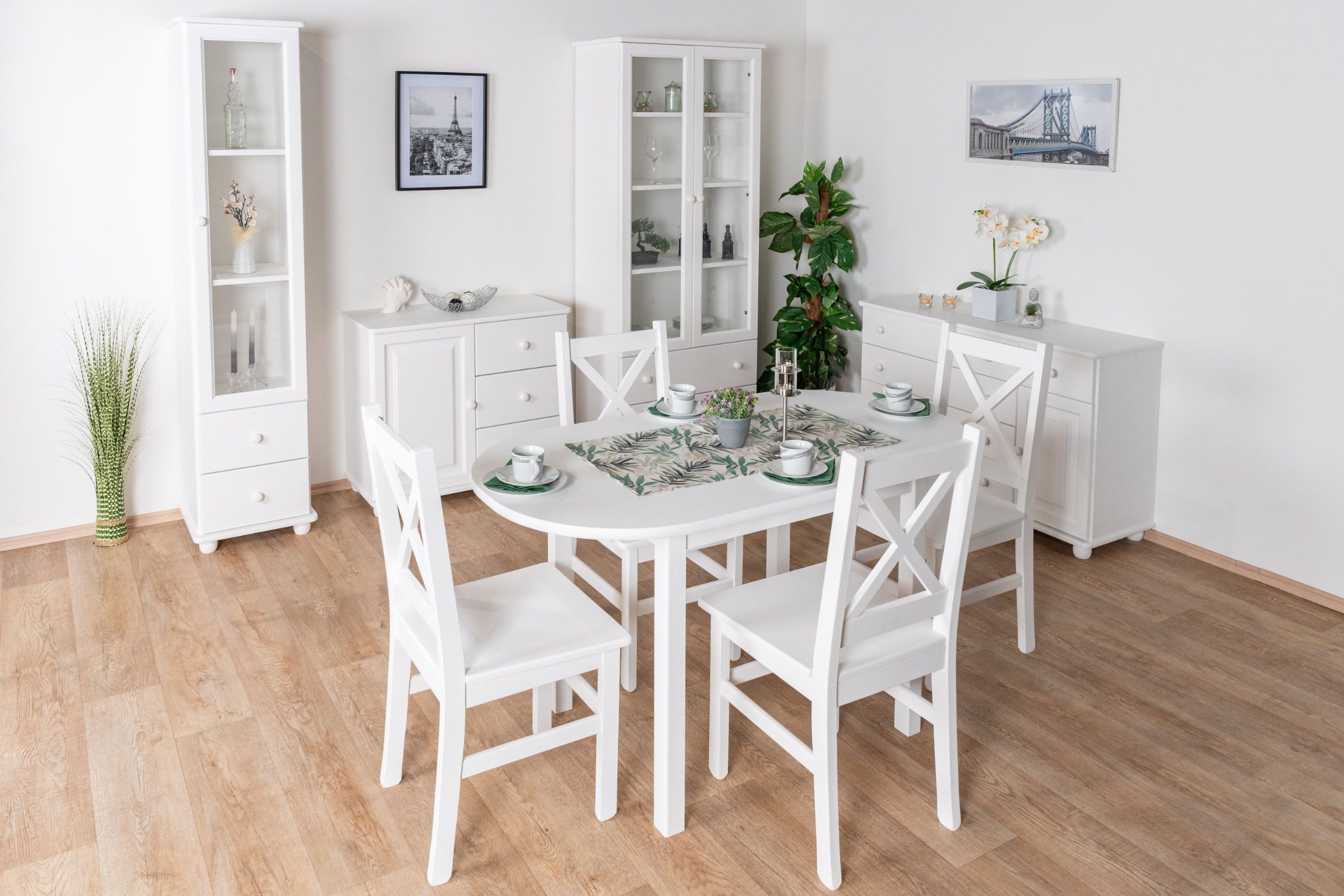 Elegantes Esszimmer Komplett - Set A Junco, 9-teilig, in Weiß, aus Kiefernholz, Massivholz, hochwertig verarbeitet, robust und stabil