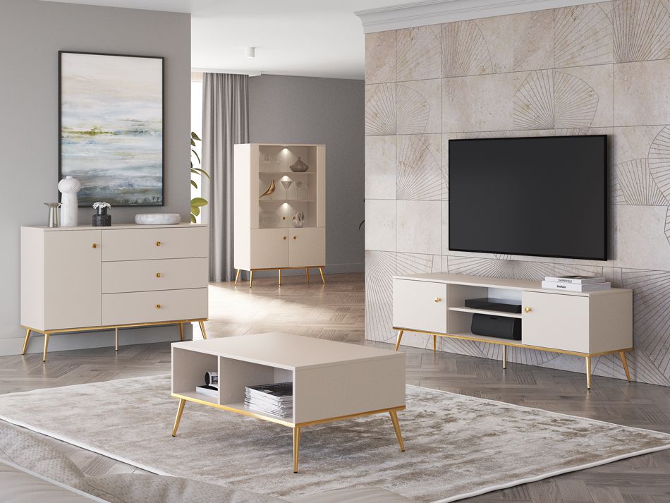 Elegantes Wohnzimmer Komplett - Set A Torpo, 4-teilig, Farbe: Kaschmir, einfaches und modernes Design, Griffe & Beine: Gold, ABS-Kantenschutz