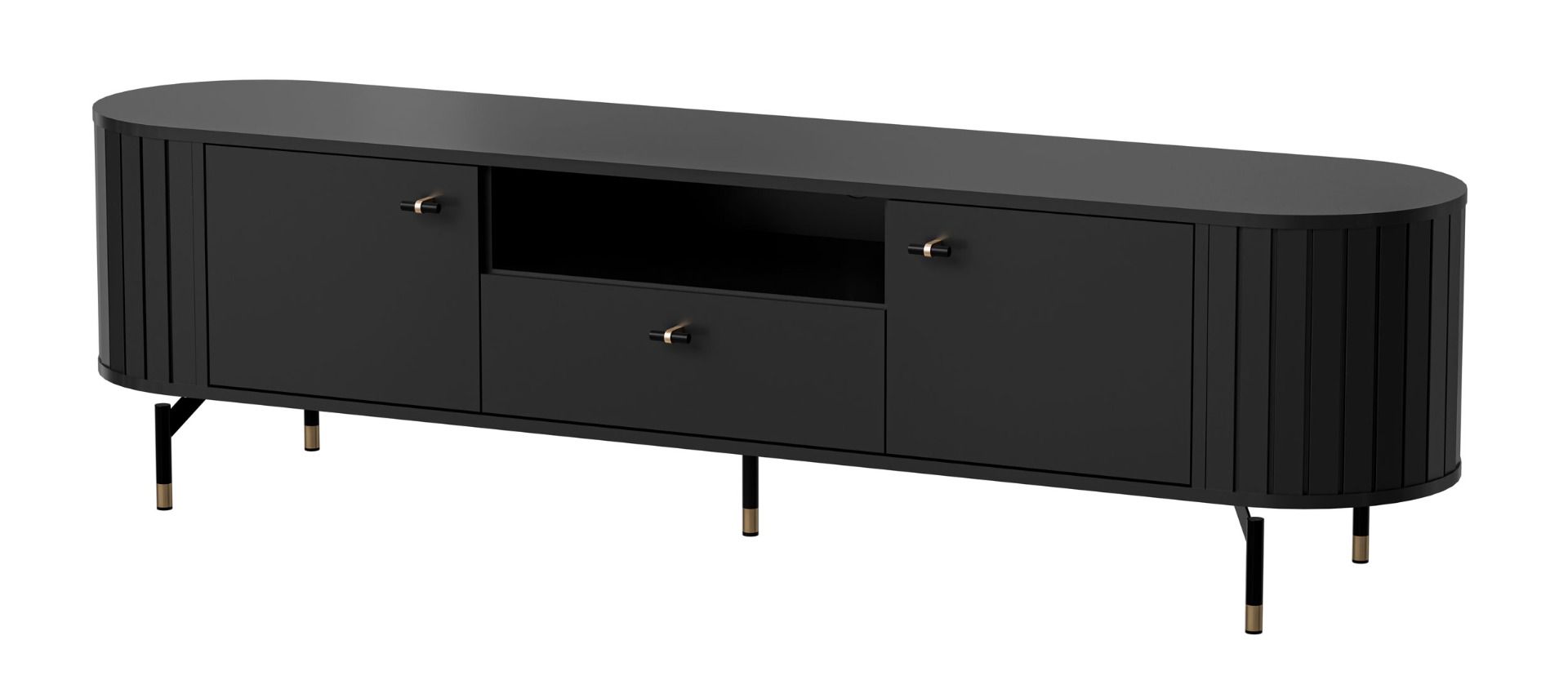 TV-Unterschrank Annelin 13 in Schwarz mit Dekorleisten, 49 x 180 x 40 cm, TV-Board, mit 2 Türen, 1 Schublade, 3 Fächern, 15 cm hohe Füße, 50 mm Griffe