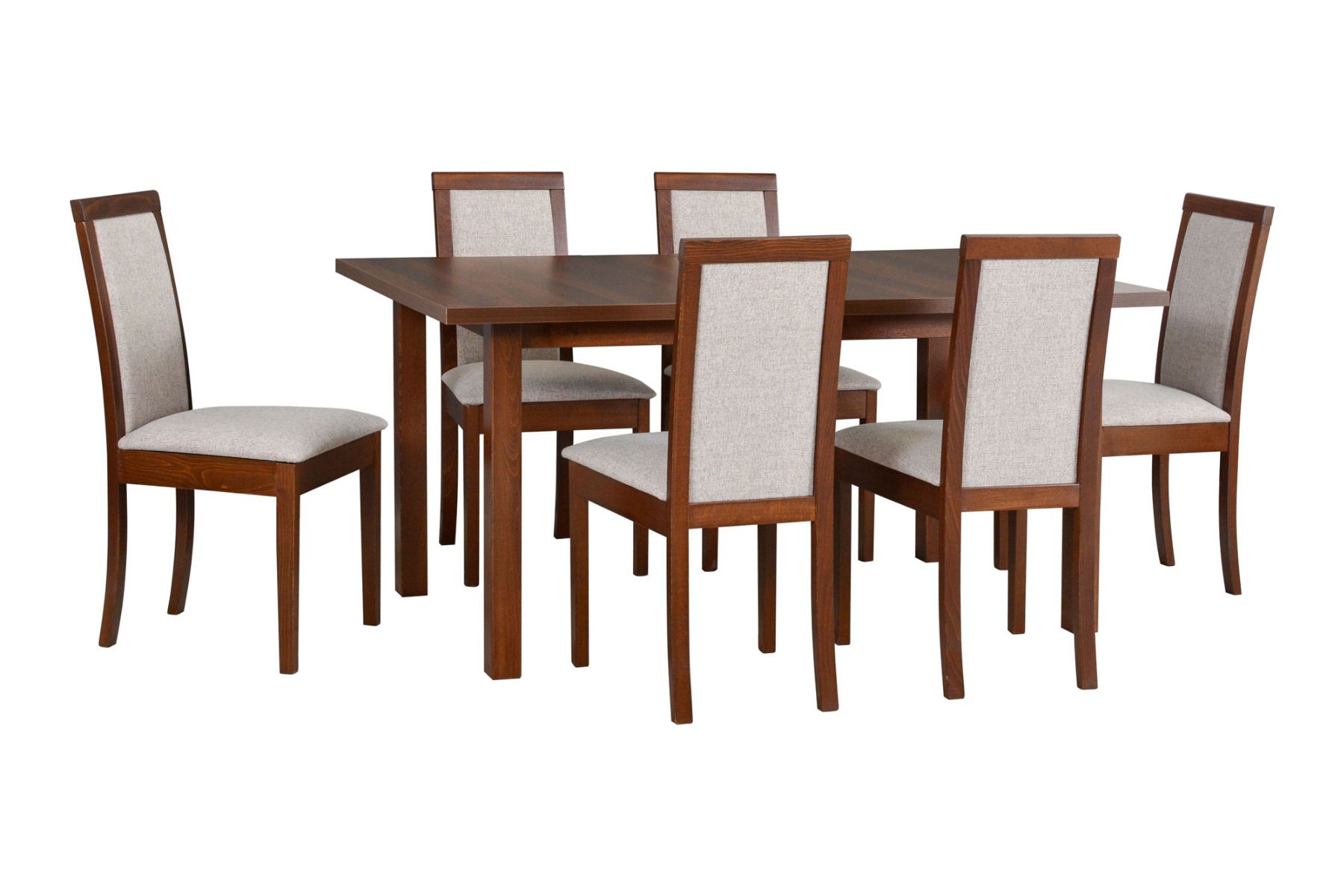 Esszimmer Komplett - Set W,  7 - teilig, zeitloses Design, ausziehbarer Esstisch in Nuss, 6 Holzstühle mit bequemer Polsterung, hohe Festigkeit