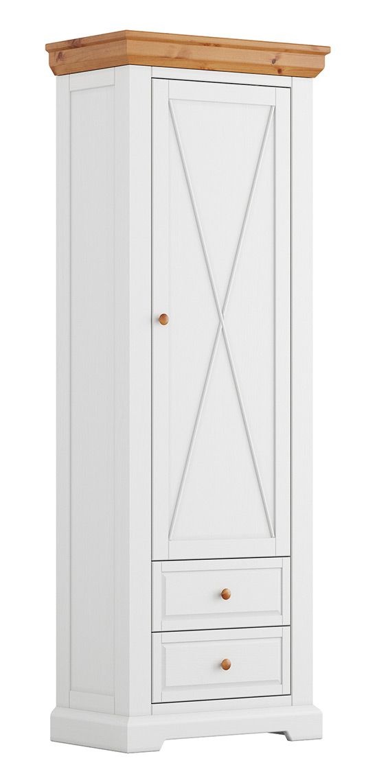 Schmaler Schrank Bresle 14 mit 200 x 70 x 42 cm, Weiß / Natur, aus finnischer Kiefer, 1x Holztür, 2x Schublade, 1x Einlegeboden, Soft-Close-System