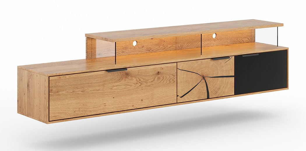 TV-Hängeschrank Rania 19 mit insg. 4 Fächern, 3 Türen, 52 x 200 x 39 cm, Massivholz, in Eiche / Schwarz, Front aus Glas und Stirnholz, inkl. LED