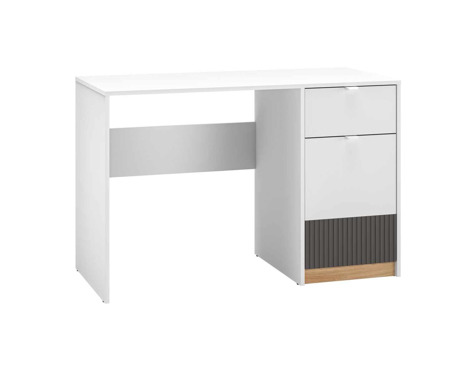 Moderner Schreibtisch mit Stauraum Mackinac 08, Soft-Close-System, ABS-Kantenschutz, Farbe: Weiß / Eiche / Grafit matt, Maße: 76 x 120 x 55 cm, mit einer Schublade und zwei Fächer