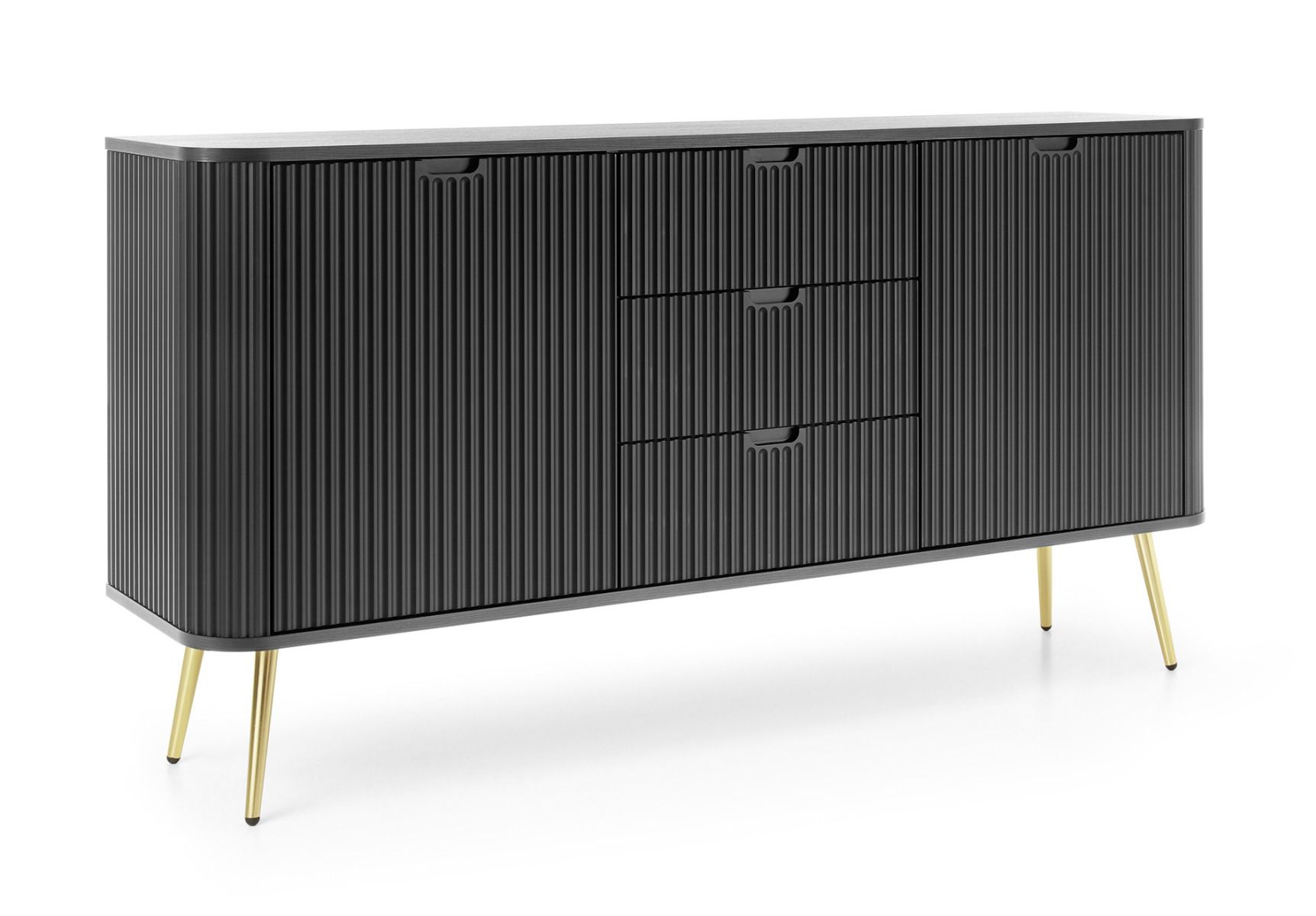 Schwarze Kommode Makreb 12 mit Soft Close System, 87 x 168 x 61,5 cm, gefräßte Fronten, 3 Schubladen, Beine aus Metall in Gold, 4 Fächer, 2 Türen, ABS