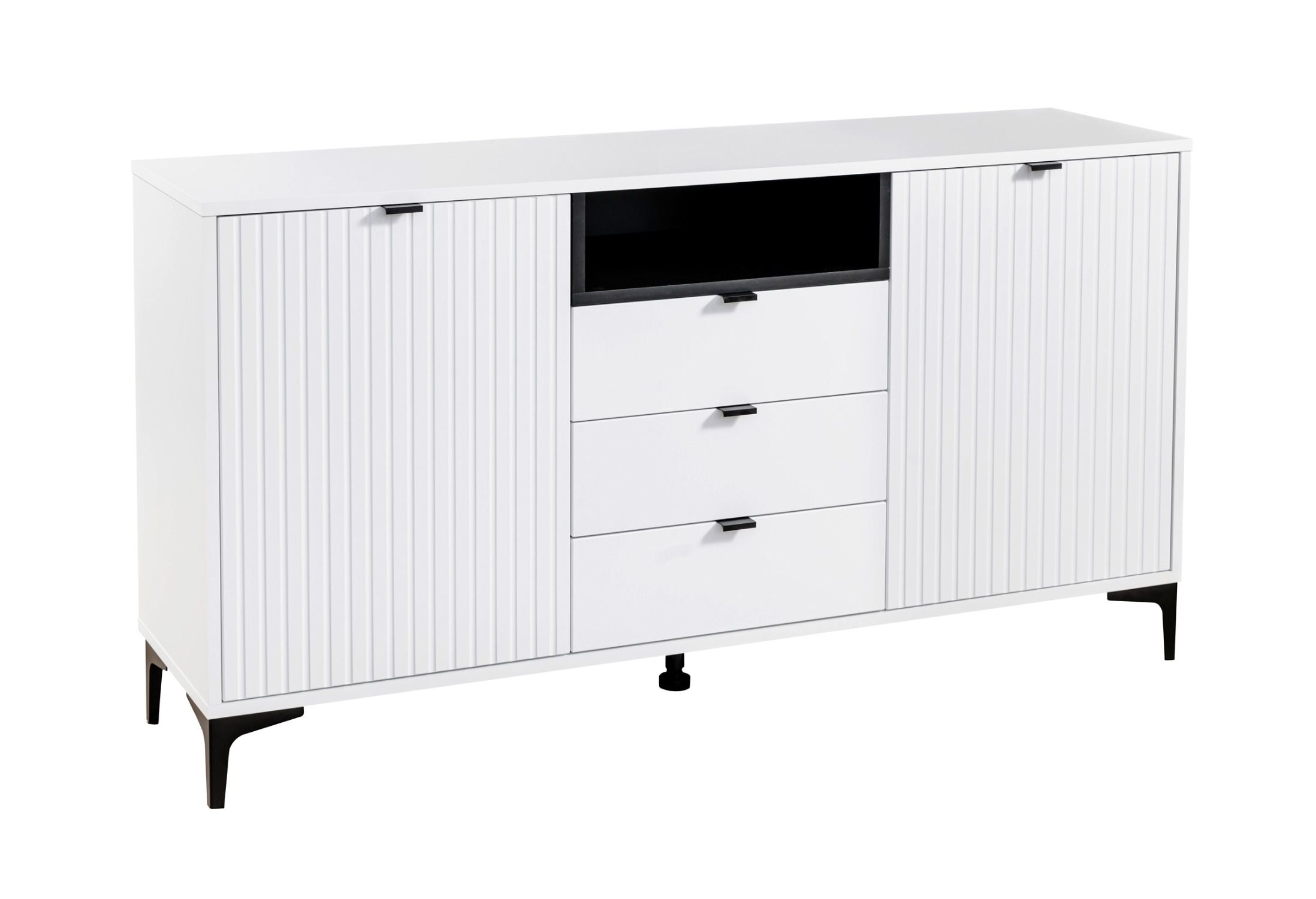 Sideboard / Kommode mit drei Schubladen Ranhuil 05, Farbe: Weiß, Maße: 83,5 x 156,5 x 40,5 cm, zwei Türen, Griffe & Beine: Metall, schlichtes und einfaches Design