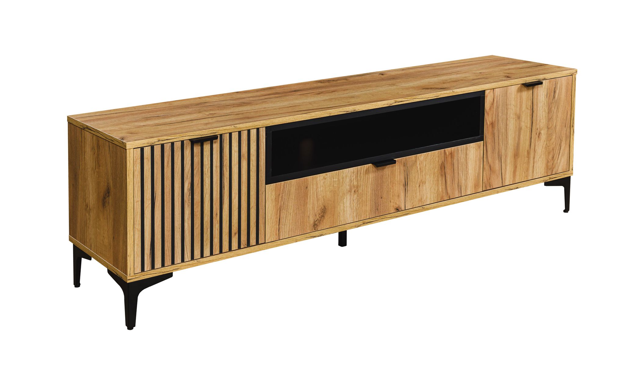 Langes TV-Möbel / TV-Schrank Calmuco 06, Farbe: Eiche Craft Gold / Schwarz, zwei Türen, Maße: 51,5 x 170 x 40,5 cm, modernes Design, stabil und robust