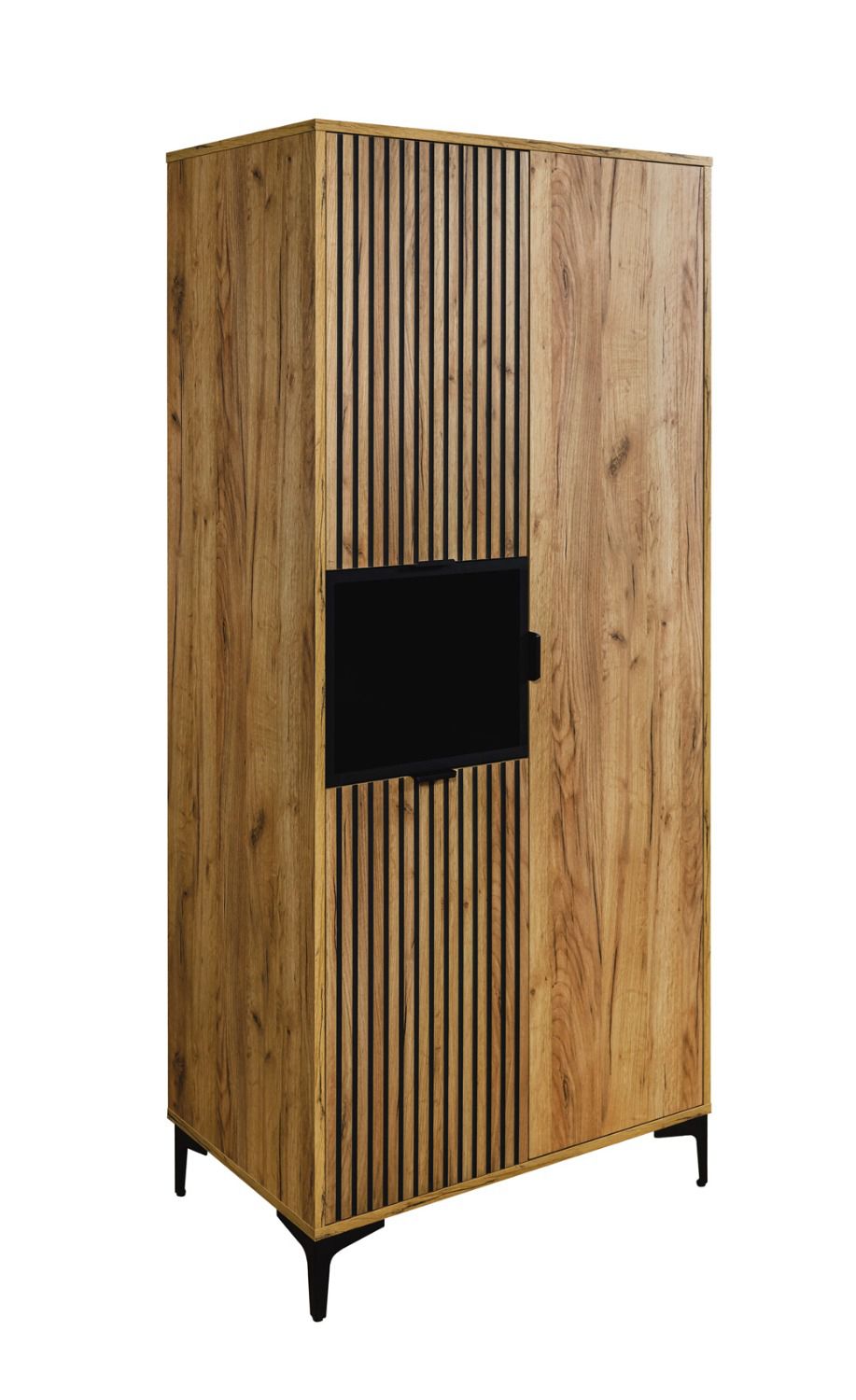 Schrank mit geriffelter Front Calmuco 01, Farbe: Eiche Craft Gold / Schwarz, Maße: 190 x 86 x 55 cm, Füße und Griffe: Metall, sechs Fächer, hochwertig verarbeitet