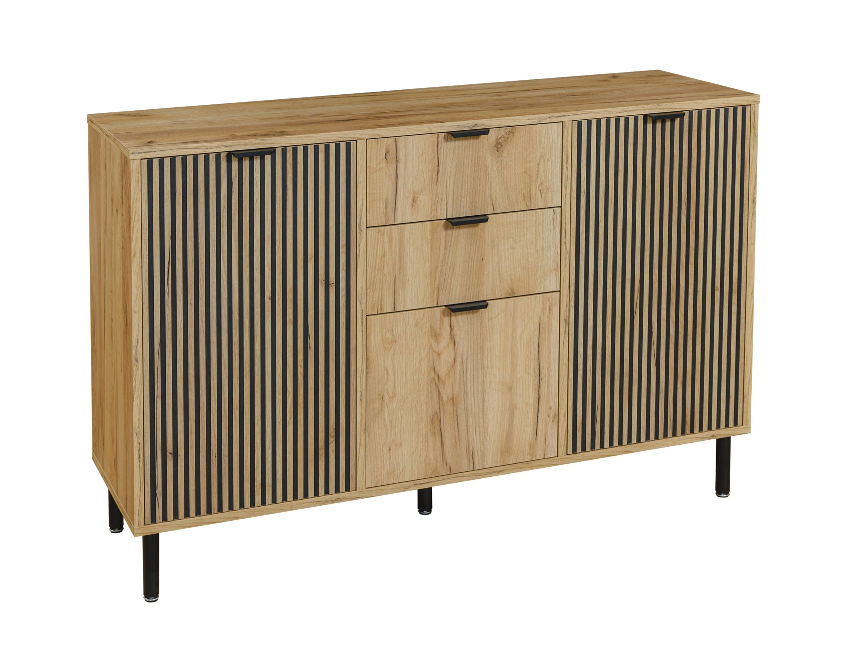 Sideboard mit drei Türen Luanco 04, Farbe: Eiche Gold Craft, geriffelte Front, zwei Schubladen, Maße: 88 x 130,5 x 40,5 cm, fünf Fächer, ABS-Kantenschutz