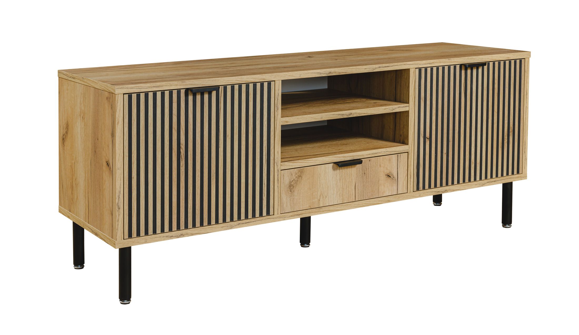 TV-Schrank / TV-Möbel modern Luanco 02, Farbe: Eiche Gold Craft, zwei Türen, geriffelte Front, eine Schublade, vier Fächer, ABS-Kantenschutz