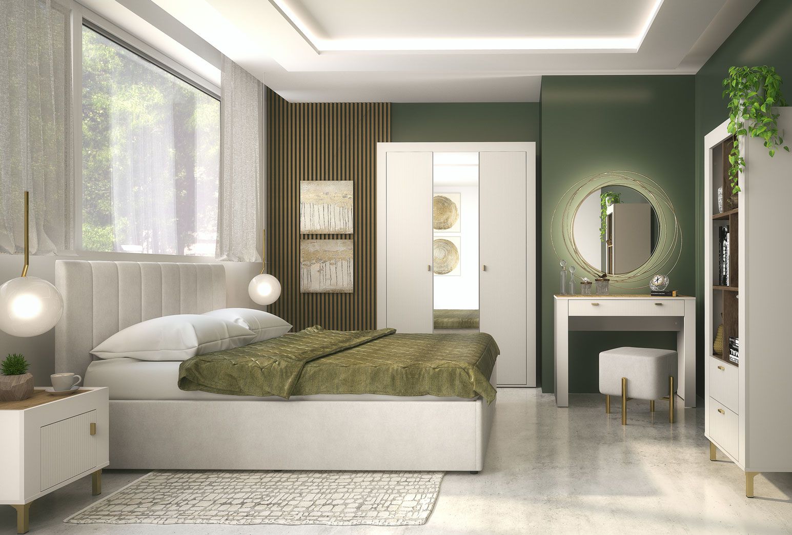 Schlafzimmer Komplett - Set D Barbe, 6-teilig, ABS-Kantenschutz, Farbe: Kaschmir, mit modernen Design, mit goldenen Griffen