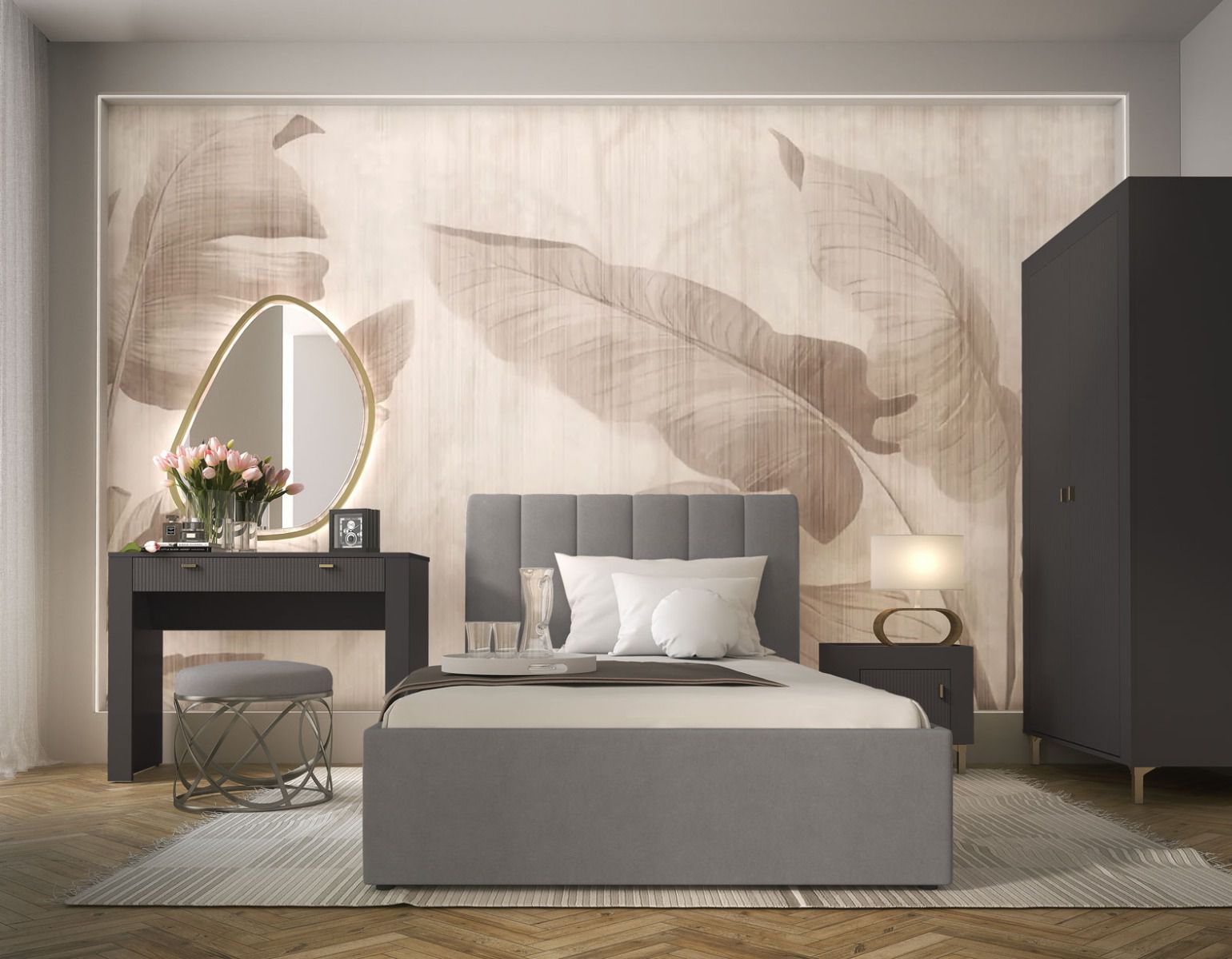 Elegantes Schlafzimmer Komplett - Set F Barbe, 4-teilig, mit genügend Stauraum, Farbe: Schwarz matt, mit ABS-Kantenschutz