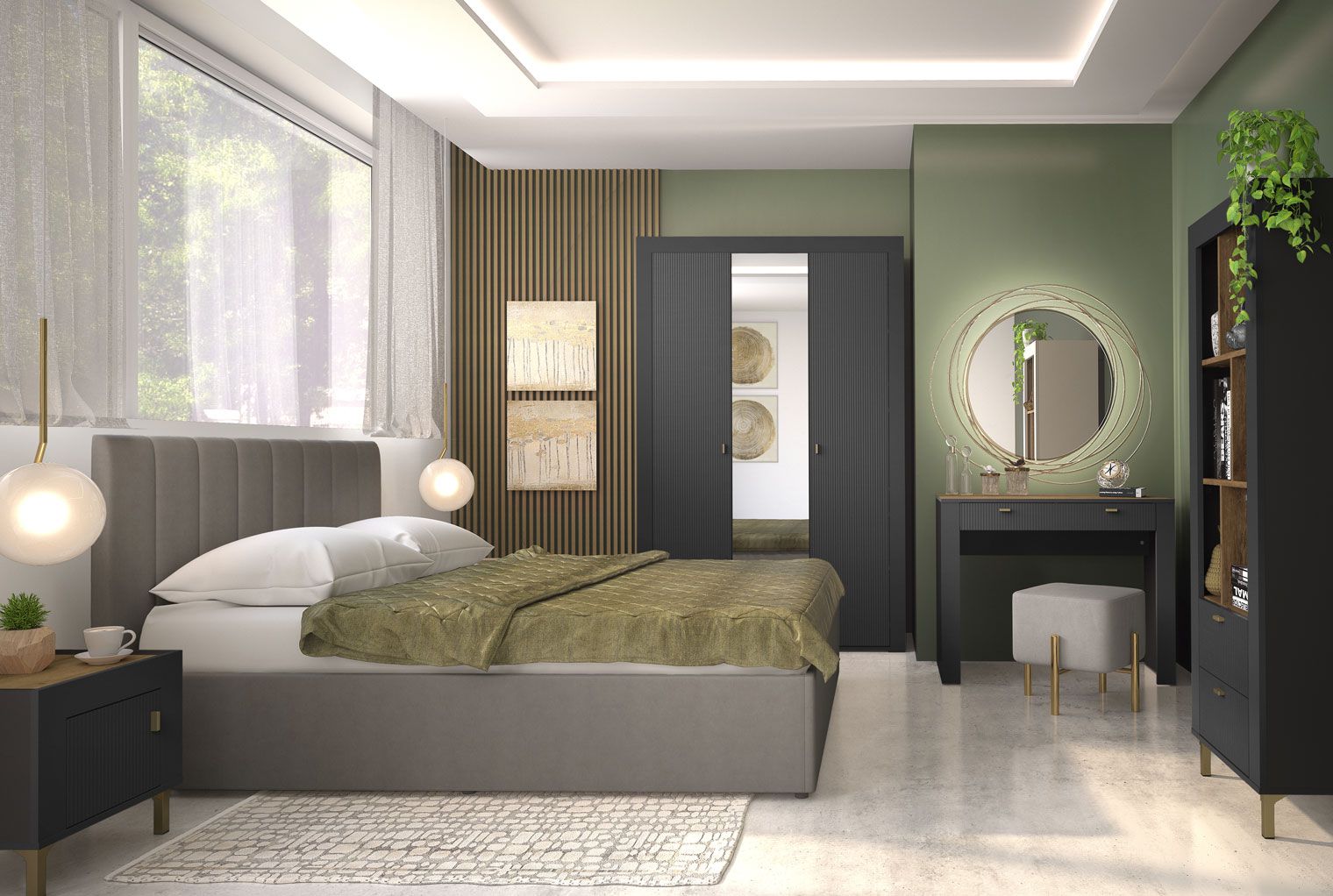 Stylisches Schlafzimmer Komplett - Set G Barbe, 6-teilig, mit ABS-Kantenschutz, Farbe: Schwarz matt, praktisch und modern