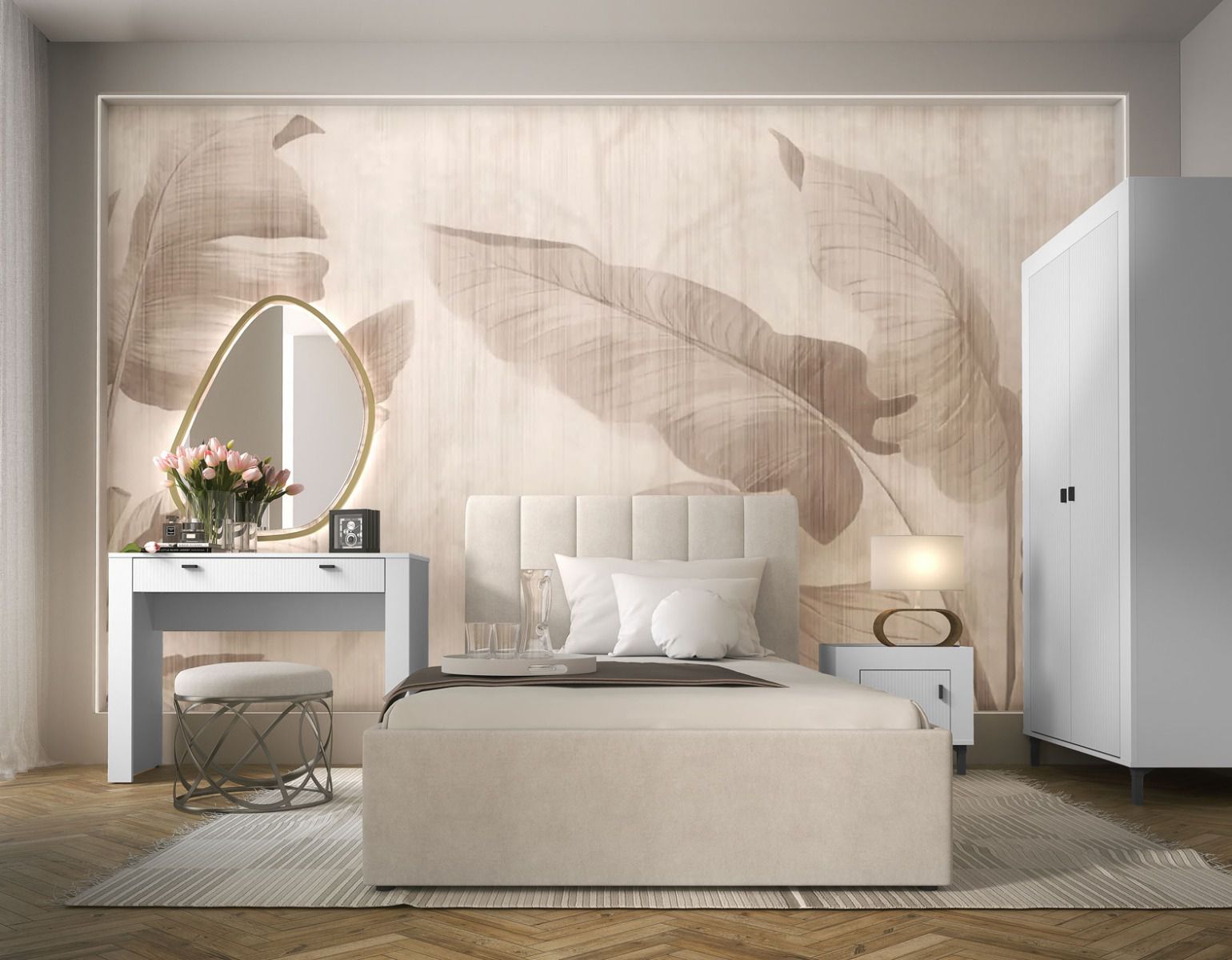 Helles Schlafzimmer Komplett - Set H Barbe, 4-teilig, mit schwarzen Griffen, ABS-Kantenschutz, Farbe: Weiß matt / Eiche