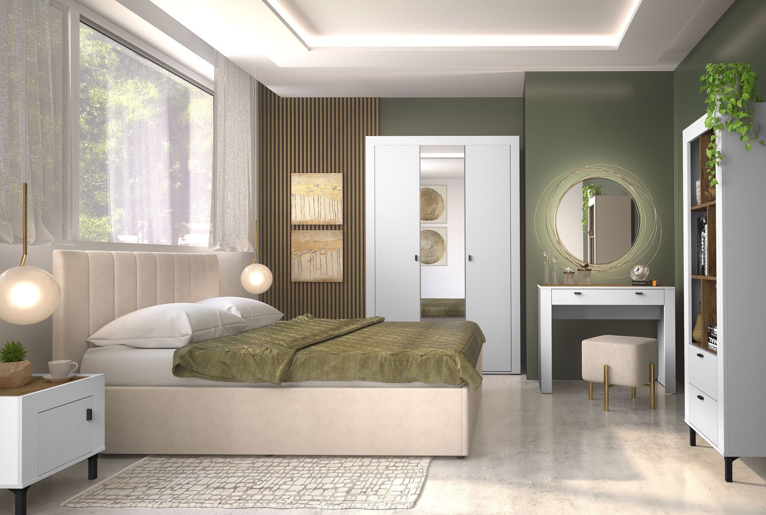 Neurales Schlafzimmer Komplett - Set I Barbe, mit ABS-Kantenschutz, 6-teilig, Farbe: Weiß matt / Eiche, praktisch und stylisch zugleich