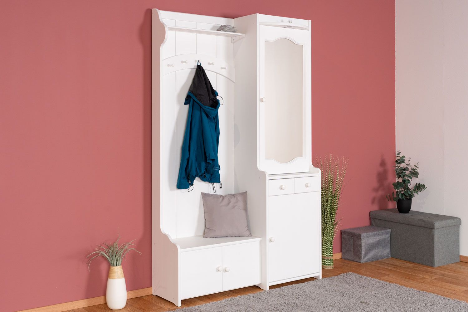 Weiße Garderobe mit Spiegel Kiefer Vollholz 28A, 200 x 125 x 41 cm, mit 2 Schubladen, 6 Fächern, 5 Haken und 1 Ablage, inklusive Beleuchtung