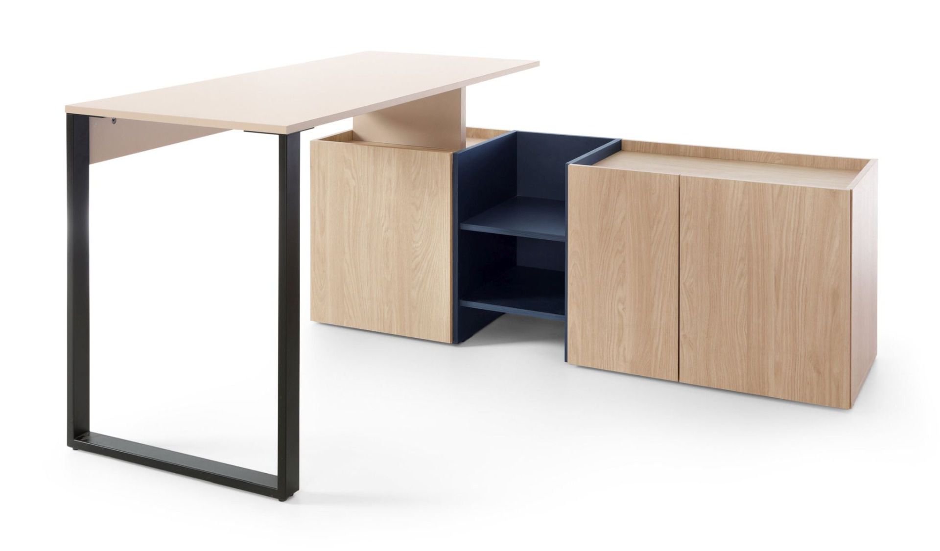 Schreibtisch mit Kommode Authie 08, Beige / Eiche hell / Dunkelblau, 75 x 145 x 135 cm, mit 3 Fächern, Eckschreibtisch, ABS-Kanten, viel Ablagefläche