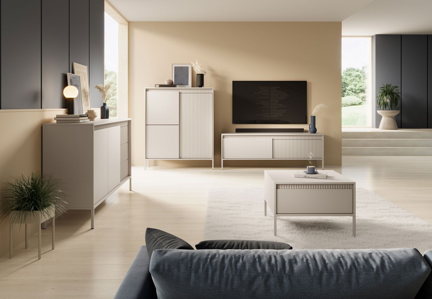 Helles Wohnzimmer - Set A Balta, 4-teilig, Push-to-open Funktion, Farbe: Beige, ABS-Kantenschutz, Beine: Metall