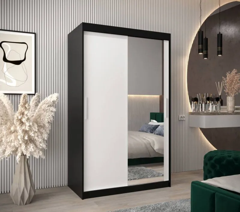 120 cm breiter Kleiderschrank mit 5 Fächern und 2 Türen | Farbe: Weiß / Schwarz Abbildung