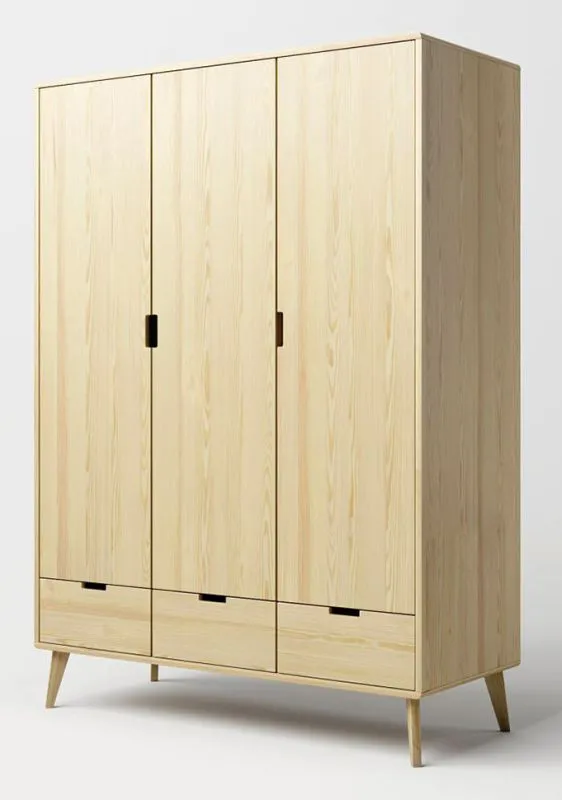 142 cm breiter Kleiderschrank mit 3 Türen, 5 Fächern und 3 Schubladen aus Massiv-Holz | Farbe: Natur | Tiefe: 60 cm Abbildung