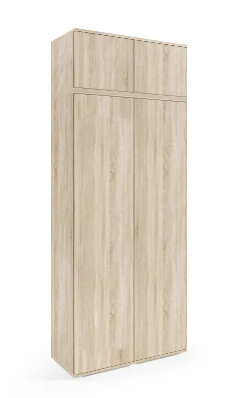 Kleiderschrank für die Garderobe Zapopan 34, mit Schrankaufsatz, Farbe: Eiche Sonoma, vier Fächer, Maße: 225 x 90 x 40 cm, mit Push-to-open Funktion